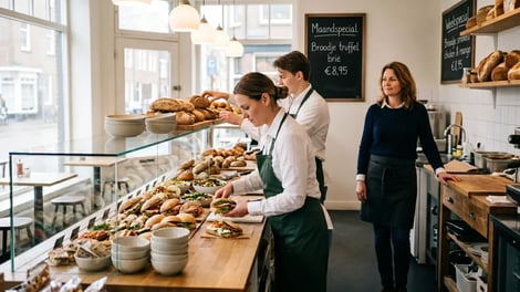 Horecamedewerkers bereiden broodjes achter de toonbank van een lunchroom