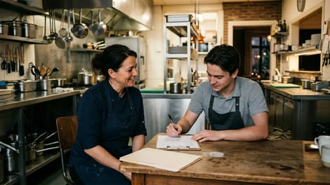 Horecaondernemer en nieuwe medewerker tekenen een arbeidsovereenkomst in de keuken van een restaurant
