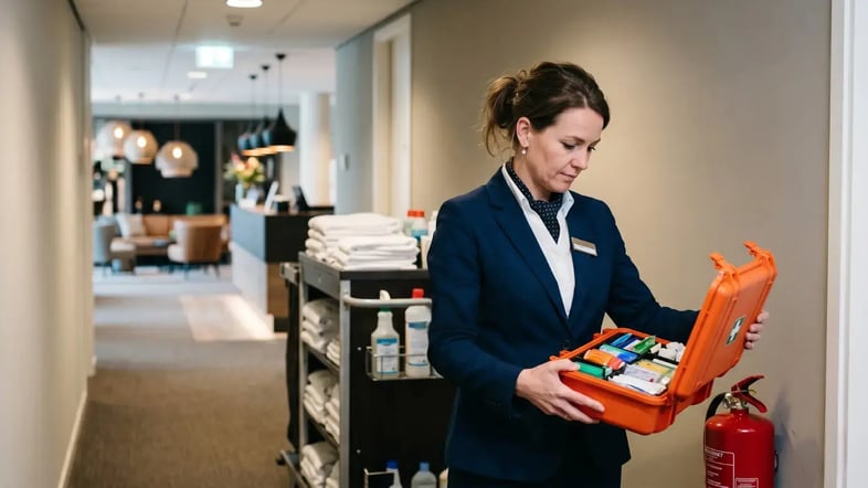 Hotelmedewerker controleert de EHBO-koffer naast een brandblusser in de hal van een hotel