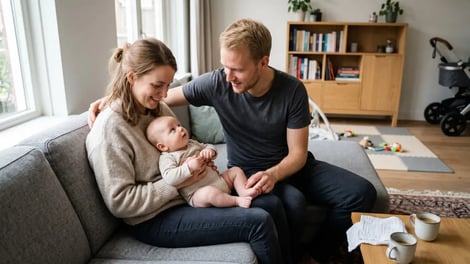 Jonge ouders brengen tijd door met hun baby op de bank in de woonkamer