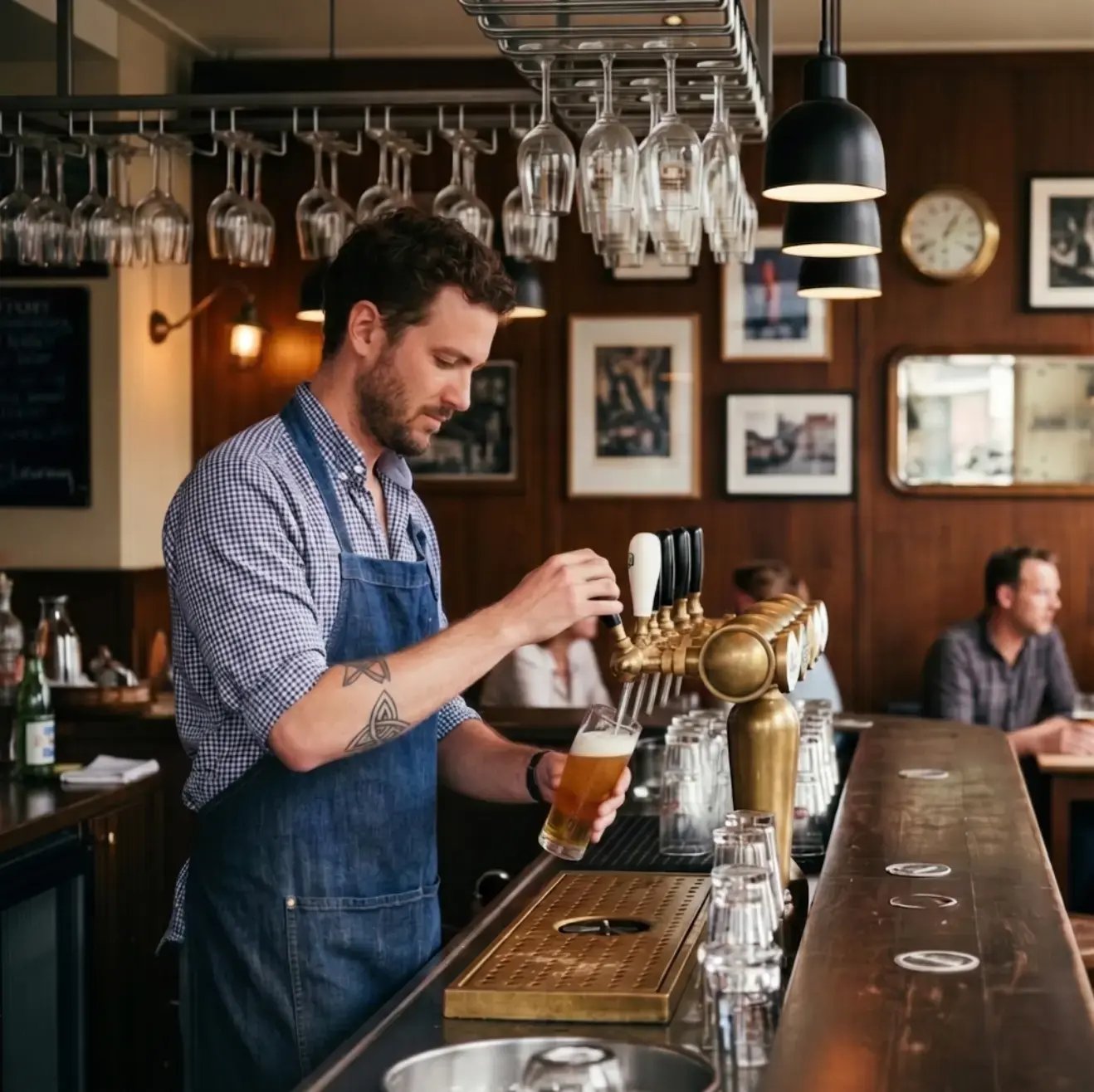 Barman tapt een biertje achter de bar in een bruin café
