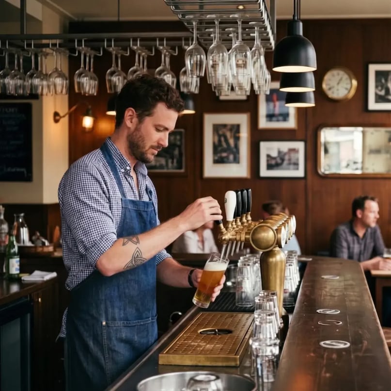 Barman tapt een biertje achter de bar in een bruin café