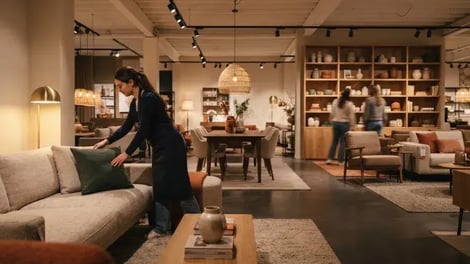Medewerker van een woonwinkel legt een kussen recht in een ingerichte zithoek terwijl klanten rondkijken.