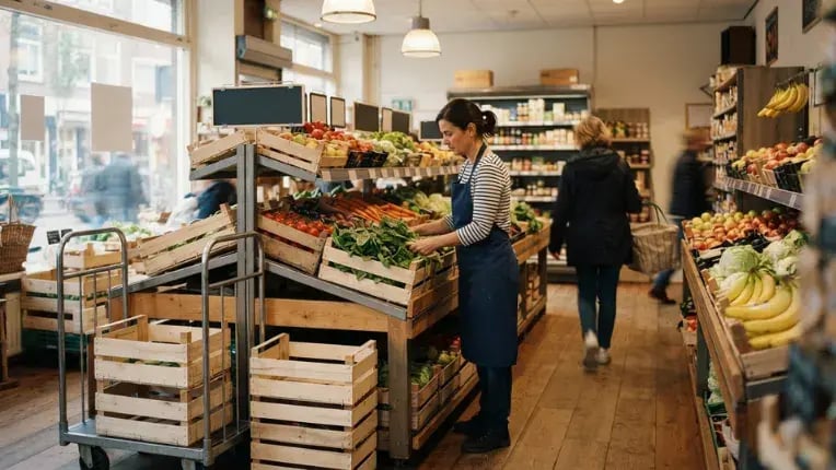 Medewerker van een buurtsupermarkt vult de versafdeling aan terwijl klanten rondkijken.