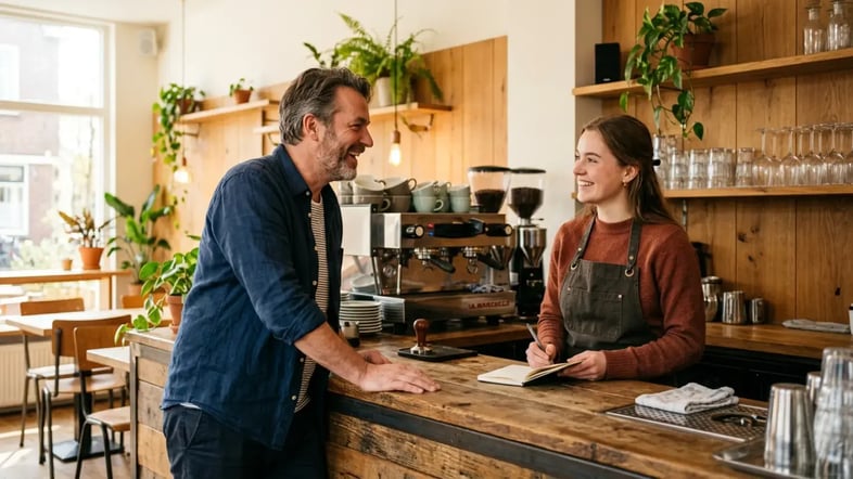 Horecaondernemer en medewerker bespreken afspraken aan de bar van een café