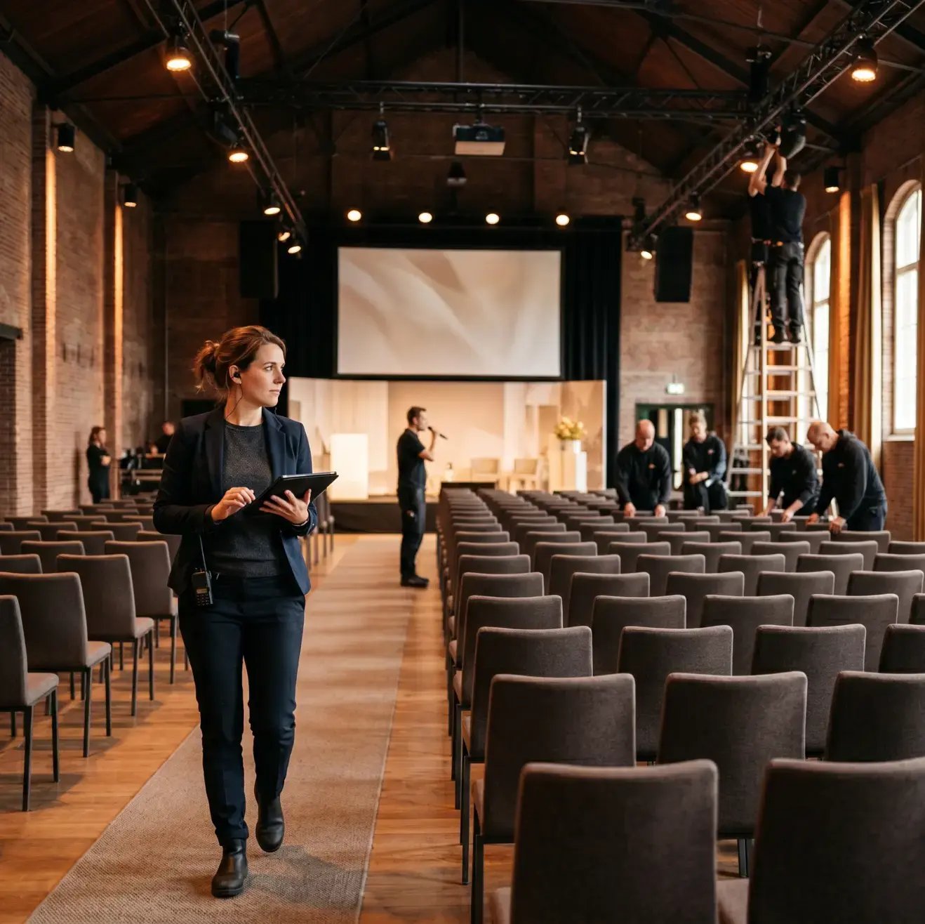 Eventmanager overziet de opbouw van een evenement in een evenementenlocatie