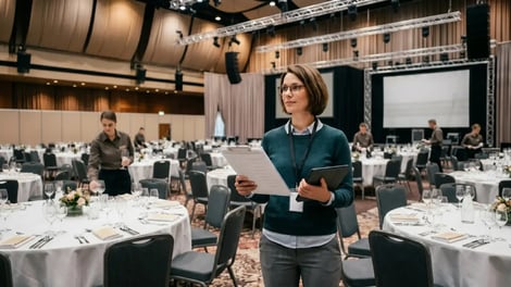 Evenementorganisator controleert de voorbereiding van een groot evenement in een zaal