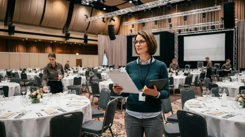 Evenementorganisator controleert de voorbereiding van een groot evenement in een zaal
