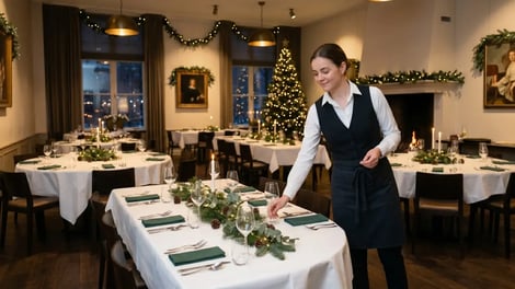 Bediening dekt de tafels in een restaurant dat sfeervol versierd is voor de feestdagen