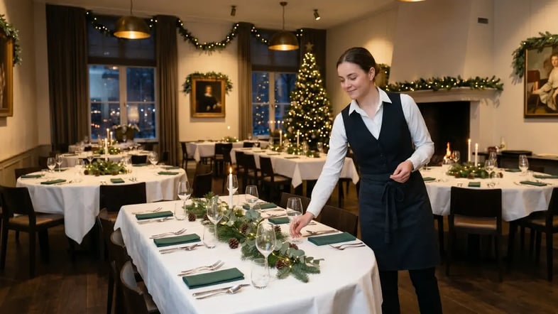 Bediening dekt de tafels in een restaurant dat sfeervol versierd is voor de feestdagen