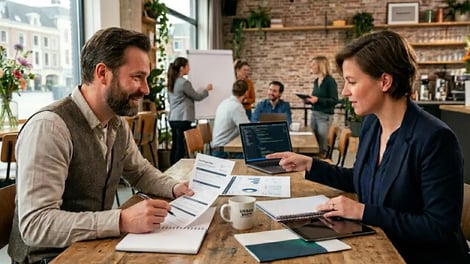 Horecaondernemer in gesprek met een adviseur tijdens een training in een café