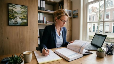 HR-medewerker raadpleegt een naslagwerk en deelt horecafuncties in achter een bureau