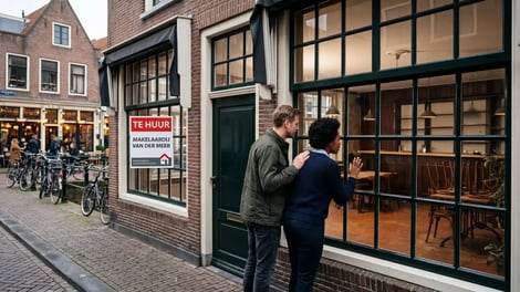 Twee horecaondernemers bekijken een leegstaand pand met te-huur-bord in een binnenstad