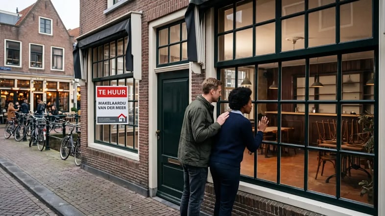Twee horecaondernemers bekijken een leegstaand pand met te-huur-bord in een binnenstad