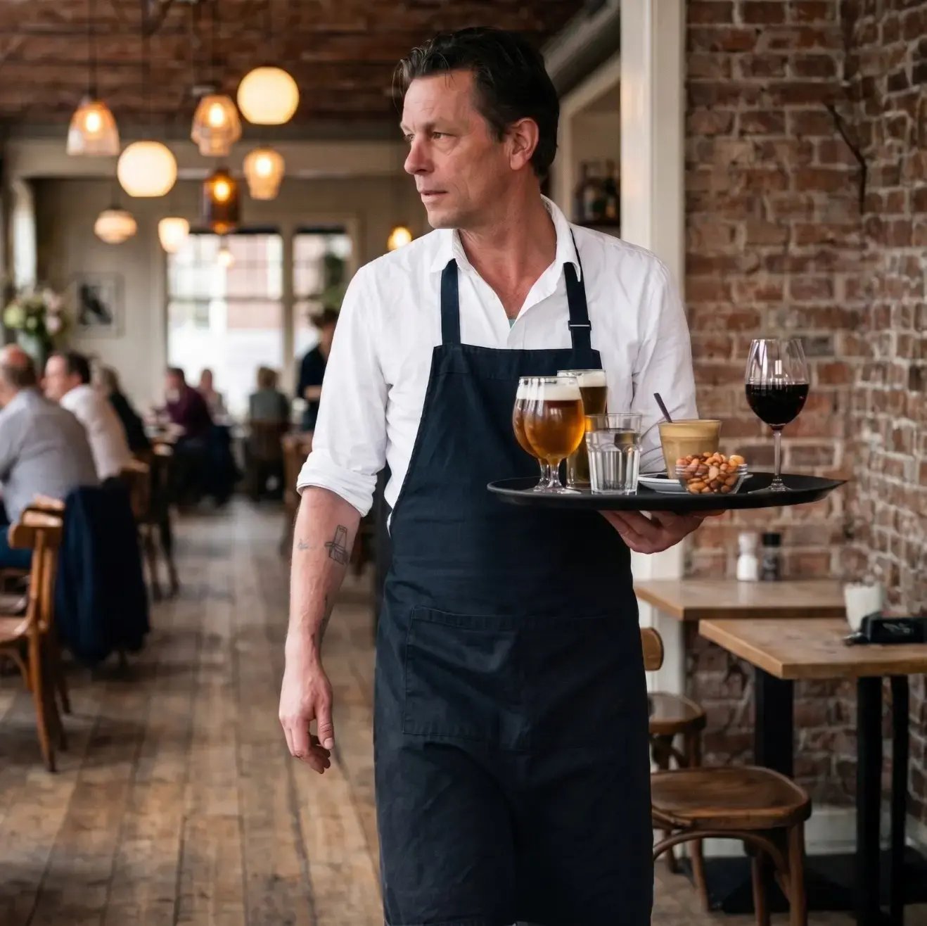 Gastheer loopt met een dienblad vol drankjes door een drukbezet café tijdens de service