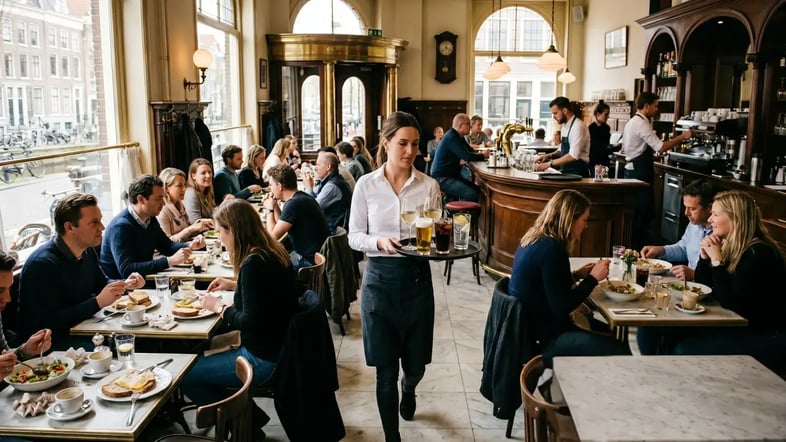 Serveerster met dienblad loopt door een druk grand café tijdens de lunch