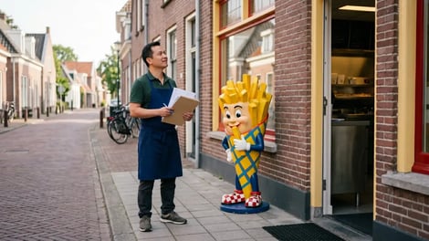 Snackbarondernemer staat met documenten voor de ingang van zijn frietzaak