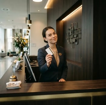 Receptioniste toont een keycard achter de balie van een hotel