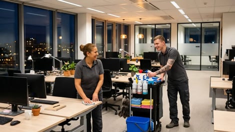 Schoonmaakmedewerkers werken met plezier samen tijdens de avondschoonmaak van een kantoor