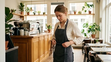 Horecamedewerker knoopt haar schort vast voor de start van haar dienst in een café