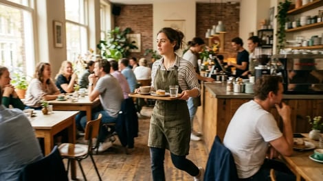 Serveerster brengt bestellingen rond tijdens een drukke dienst in een koffiehuis