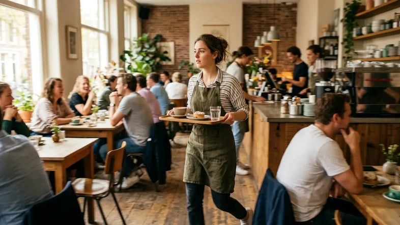 Serveerster brengt bestellingen rond tijdens een drukke dienst in een koffiehuis