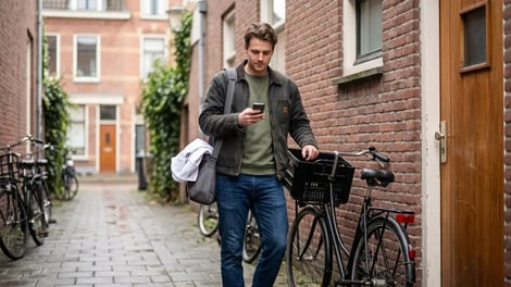 Oproepkracht checkt een bericht op zijn telefoon op weg naar zijn dienst