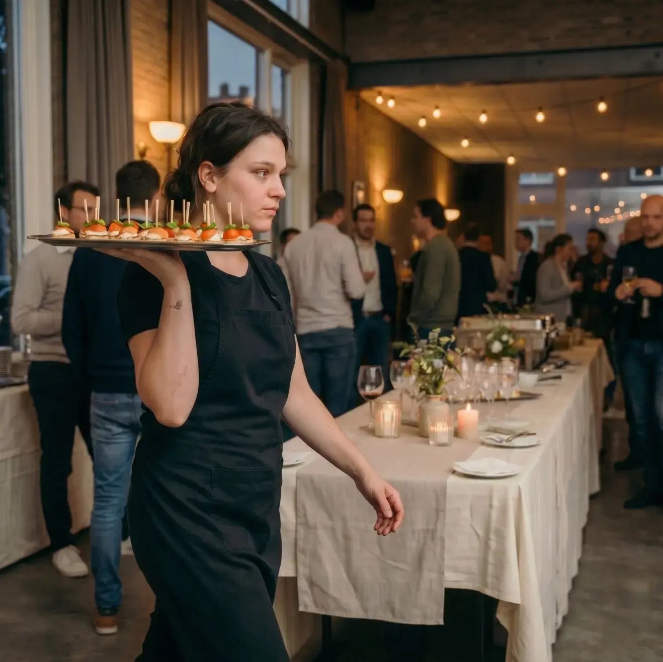 Cateringmedewerker serveert hapjes tussen de gasten tijdens een feestelijke borrel