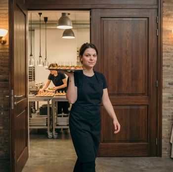 Cateringmedewerker brengt een schaal met hapjes naar de gasten van een feest