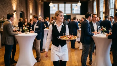 Cateringmedewerker bedient gasten met hapjes tijdens een zakelijke borrel