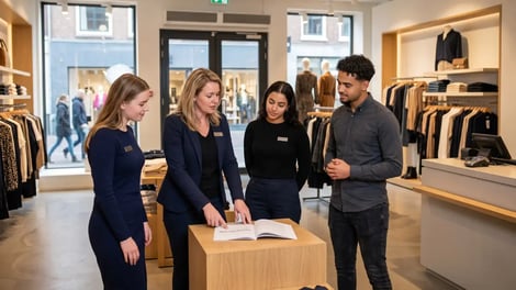 Filiaalmanager bespreekt het personeelshandboek met haar team in een kledingwinkel
