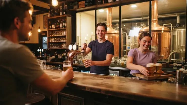 Barman tapt een speciaalbier achter de bar van een brouwcafé, terwijl een collega glazen bier op een plank zet, met koperen brouwketels achter glas op de achtergrond