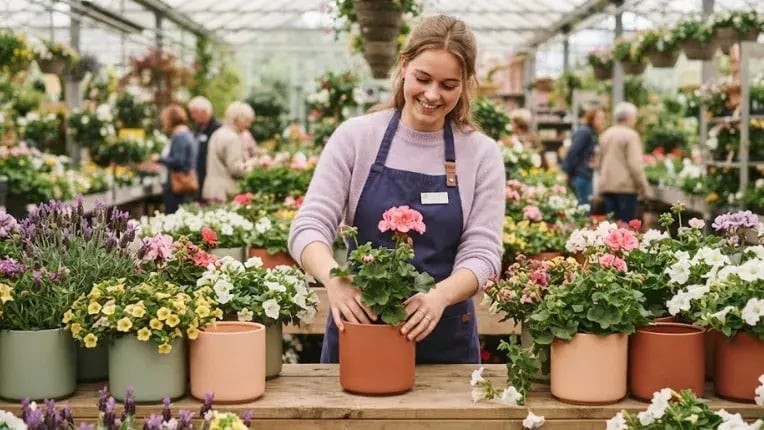 Medewerker van een tuincentrum zet een bloeiende geranium in een moderne pot op een presentatietafel vol bloeiende planten