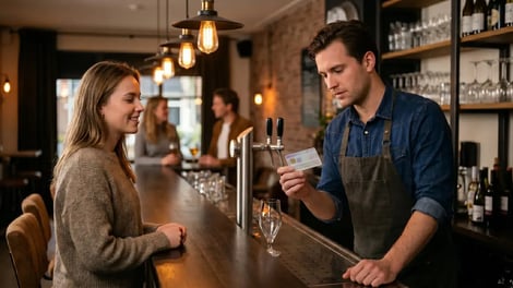 Barman controleert het identiteitsbewijs van een gast achter de bar van een café