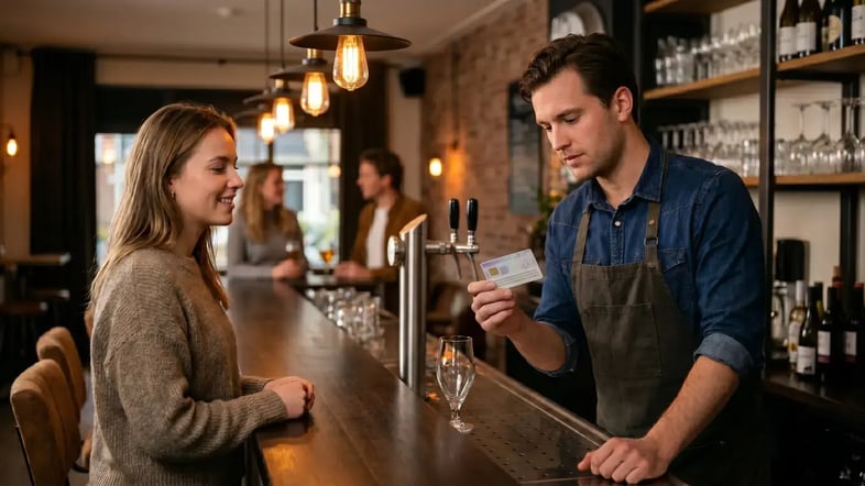 Barman controleert het identiteitsbewijs van een gast achter de bar van een café