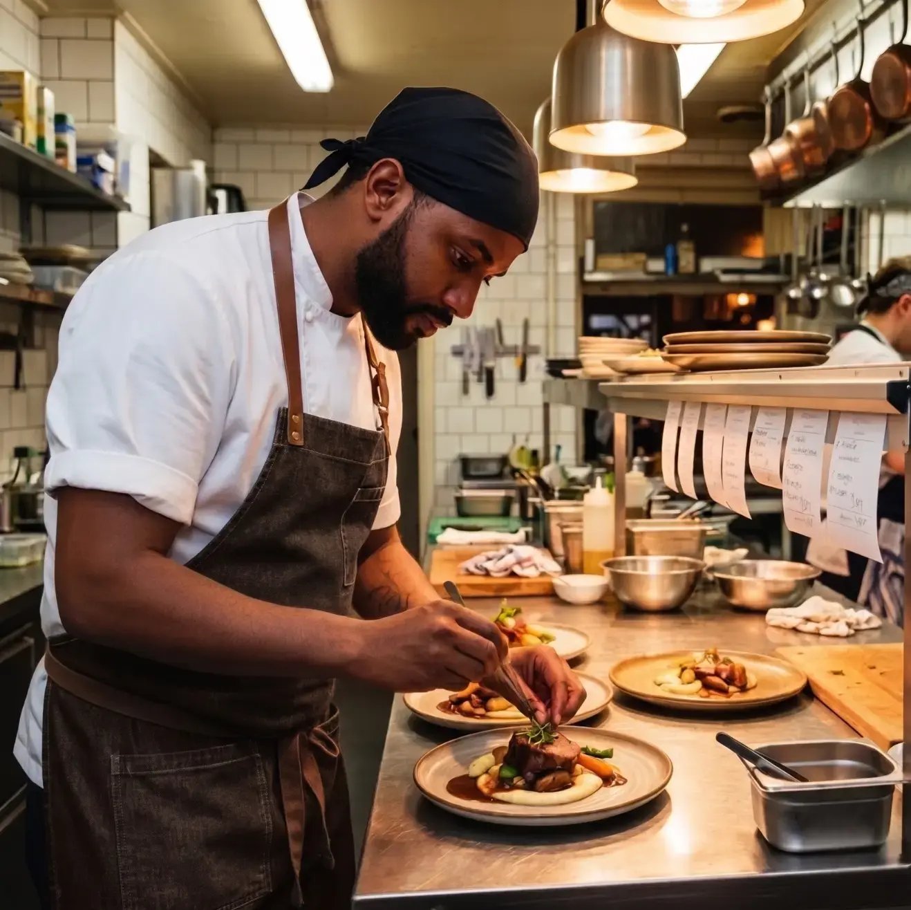Chef-kok werkt aan de afwerking van gerechten op de pass tijdens een service
