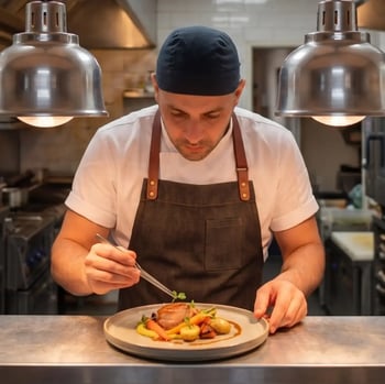 Chef-kok werkt aan de afwerking van een gerecht in een professionele restaurantkeuken