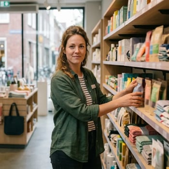 Winkelmedewerker in een Nederlandse winkel vult glimlachend de schappen aan.