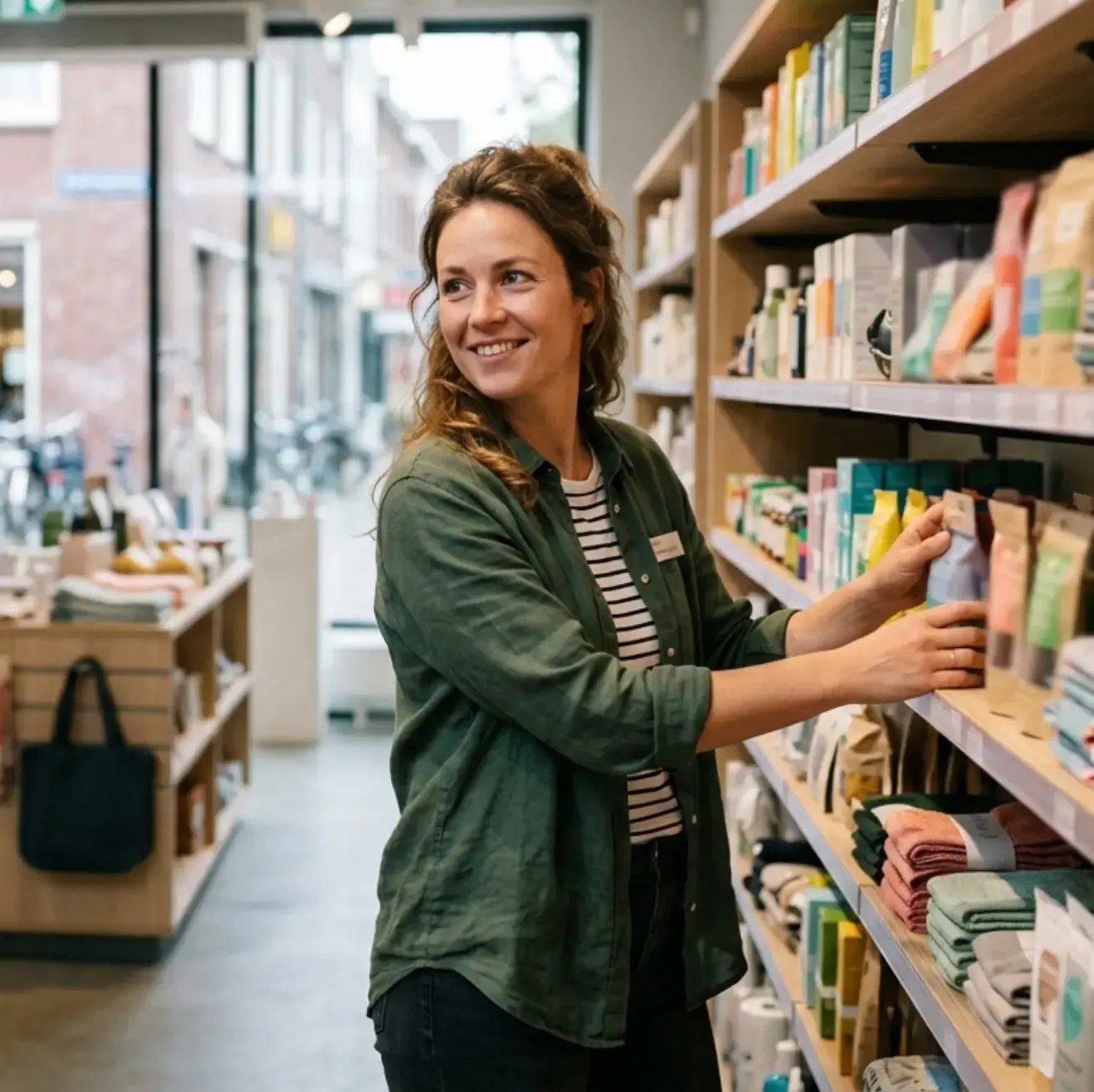 Retailmedewerker helpt een klant terwijl ze de schappen aanvult in een winkel.