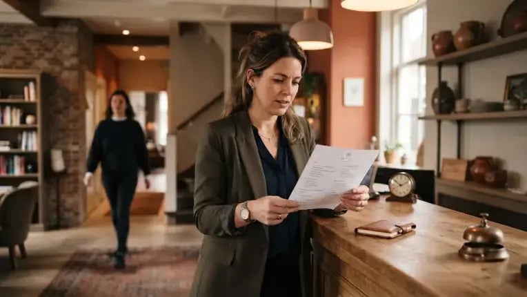 Hotelmanager neemt met een lijst in haar hand de uitzendbureaus door waarmee ze werkt