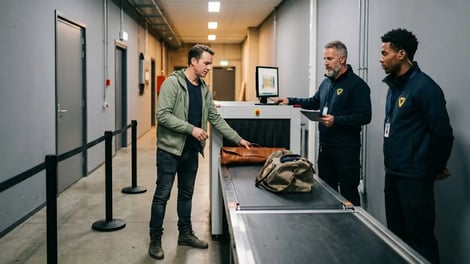 Beveiligers controleren de bagage van een bezoeker bij een security checkpoint