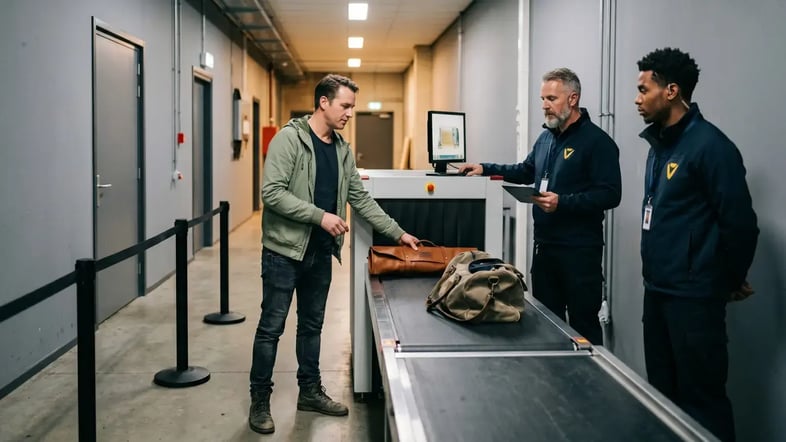 Beveiligers controleren de bagage van een bezoeker bij een security checkpoint