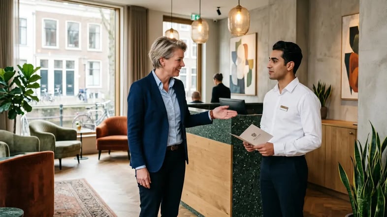 Hotelmanager begeleidt een nieuwe medewerker bij de receptie van een hotel