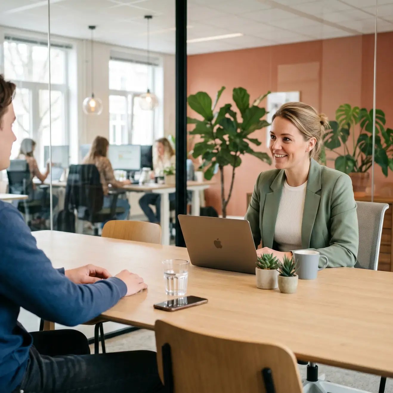 Recruiter van een uitzendbureau voert een intakegesprek met een kandidaat op kantoor
