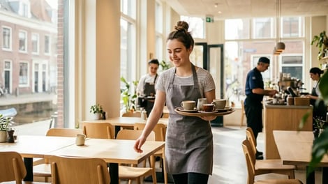 Jonge serveerster brengt koffie naar gasten in een lichte lunchroom