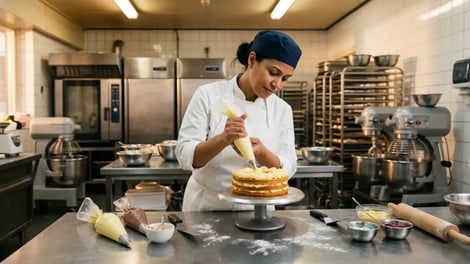 Patissier decoreert een taart met een spuitzak in een professionele bakkerijkeuken