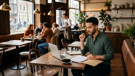 Horecaondernemer werkt geconcentreerd aan administratie in zijn eigen café