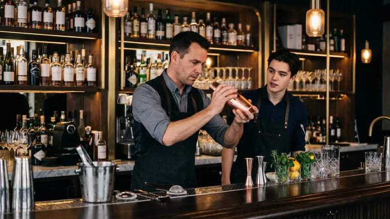 Ervaren bartender leert een jongere collega cocktails maken achter een sjieke bar