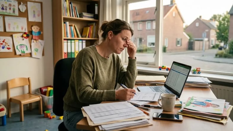 Ondernemer worstelt met de salarisadministratie aan haar bureau thuis
