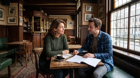 Werkgever en medewerker bespreken een re-integratieplan aan een tafel in een bruin café
